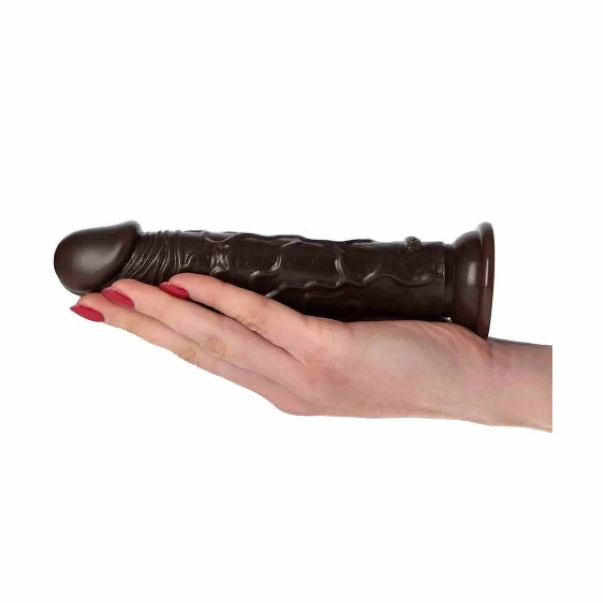 Dildo marrone Amedeo tenuto in mano per mostrare dimensioni reali