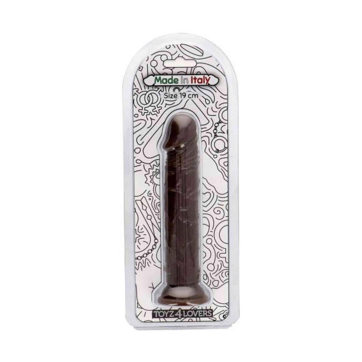 Dildo Amedeo marrone nella confezione trasparente con etichetta Made in Italy