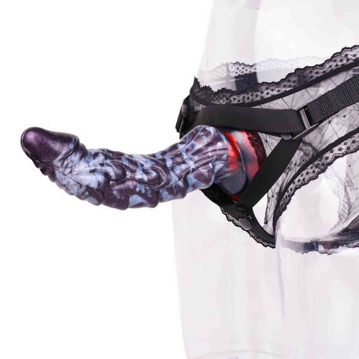 Dildo in silicone viola montato su supporto nero con dettagli texture corpo