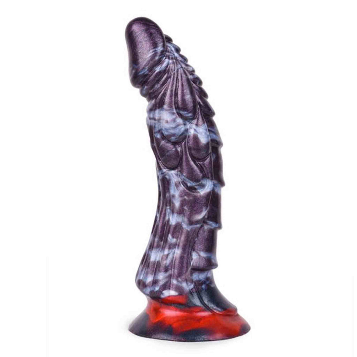 Vista laterale dildo in silicone liquido viola scuro con texture muscolare