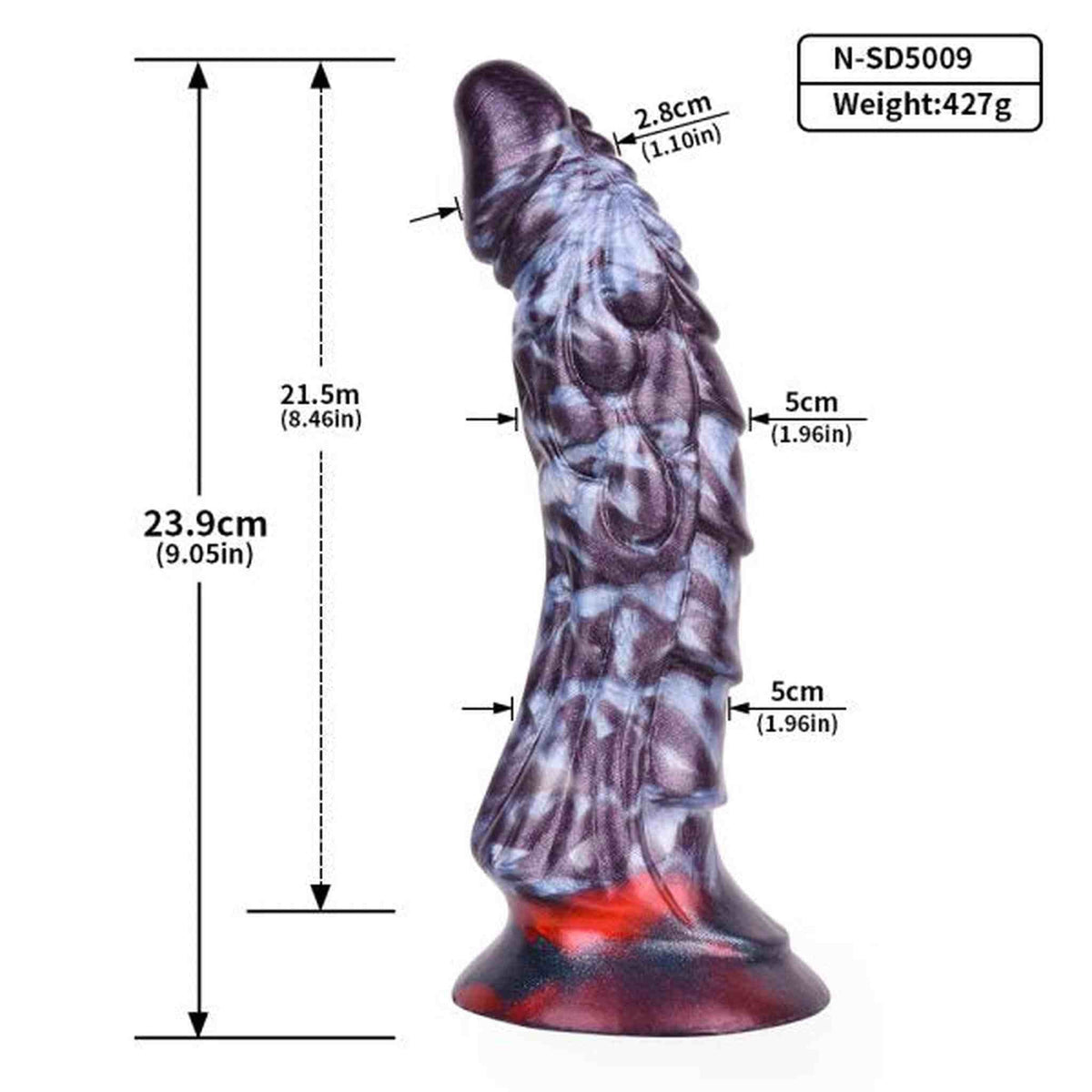 Dildo silicone liquido viola con etichetta codice N-SD5009 e misure grafiche