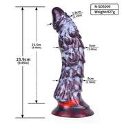 Dildo silicone liquido viola con etichetta codice N-SD5009 e misure grafiche