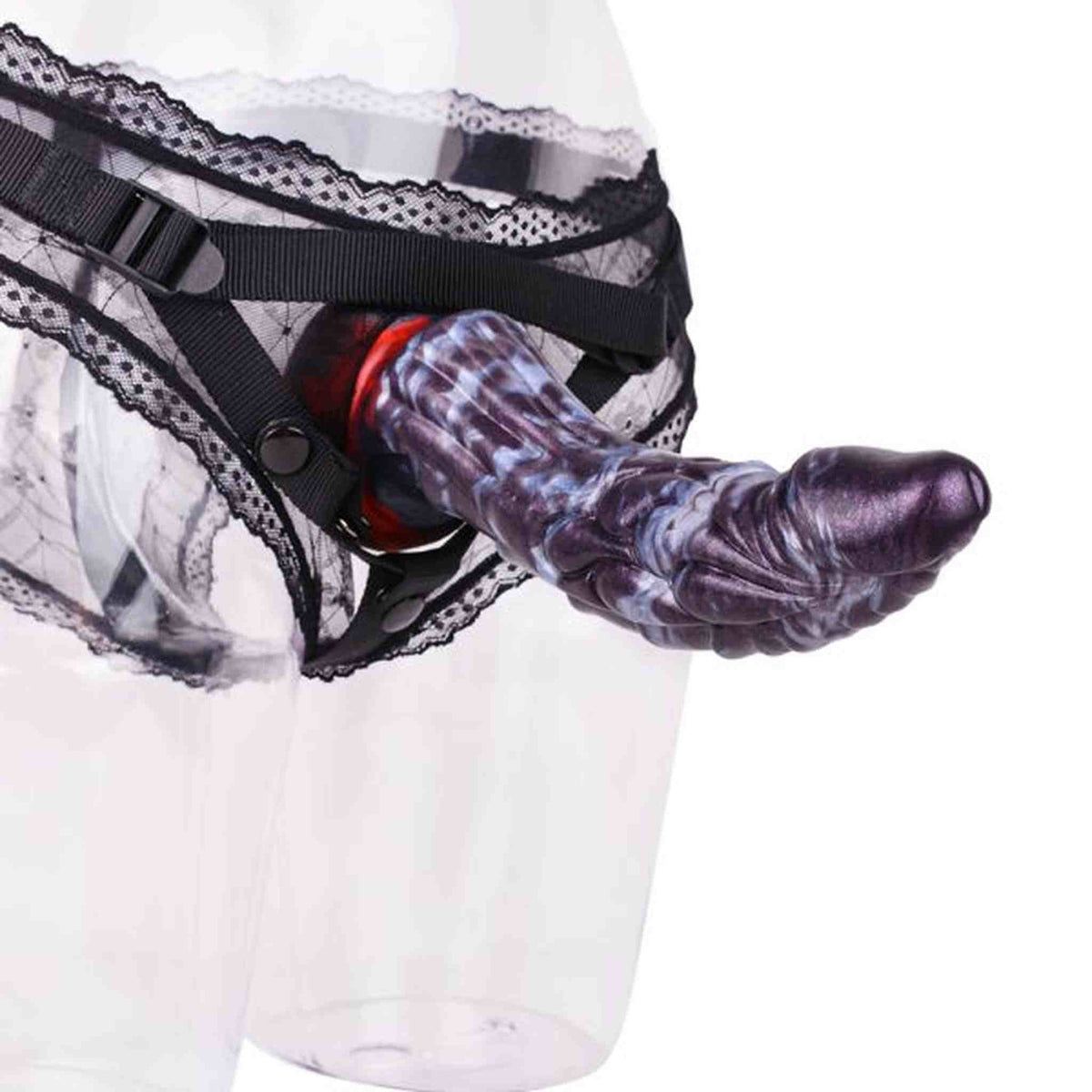 Dildo animale in silicone viola montato su supporto nero con pizzo