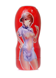 Masturbatore Fleshlight cilindrico rosso con adesivo figura in cheongsam viola