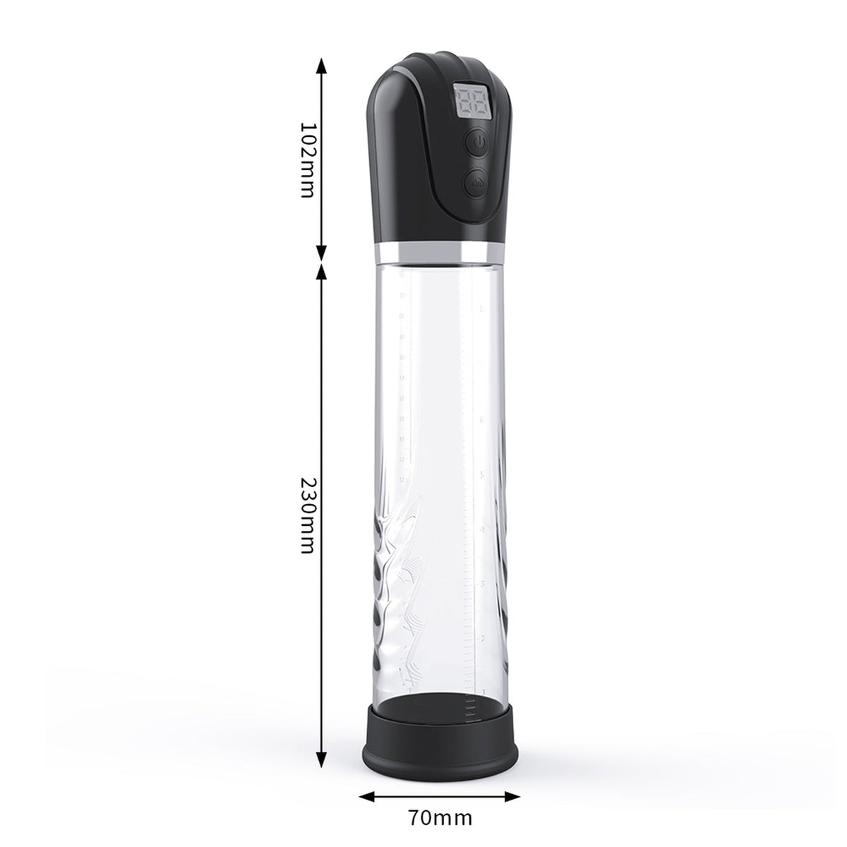 Pompa pene elettrica verticale con display LCD e dimensioni indicate 230mm