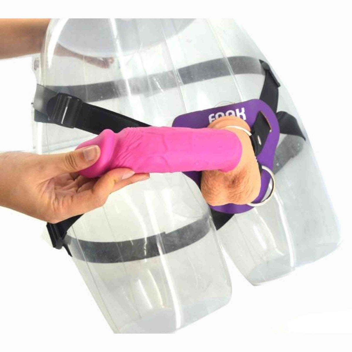Strap-on rosa acceso con anello metallico e logo FNAK